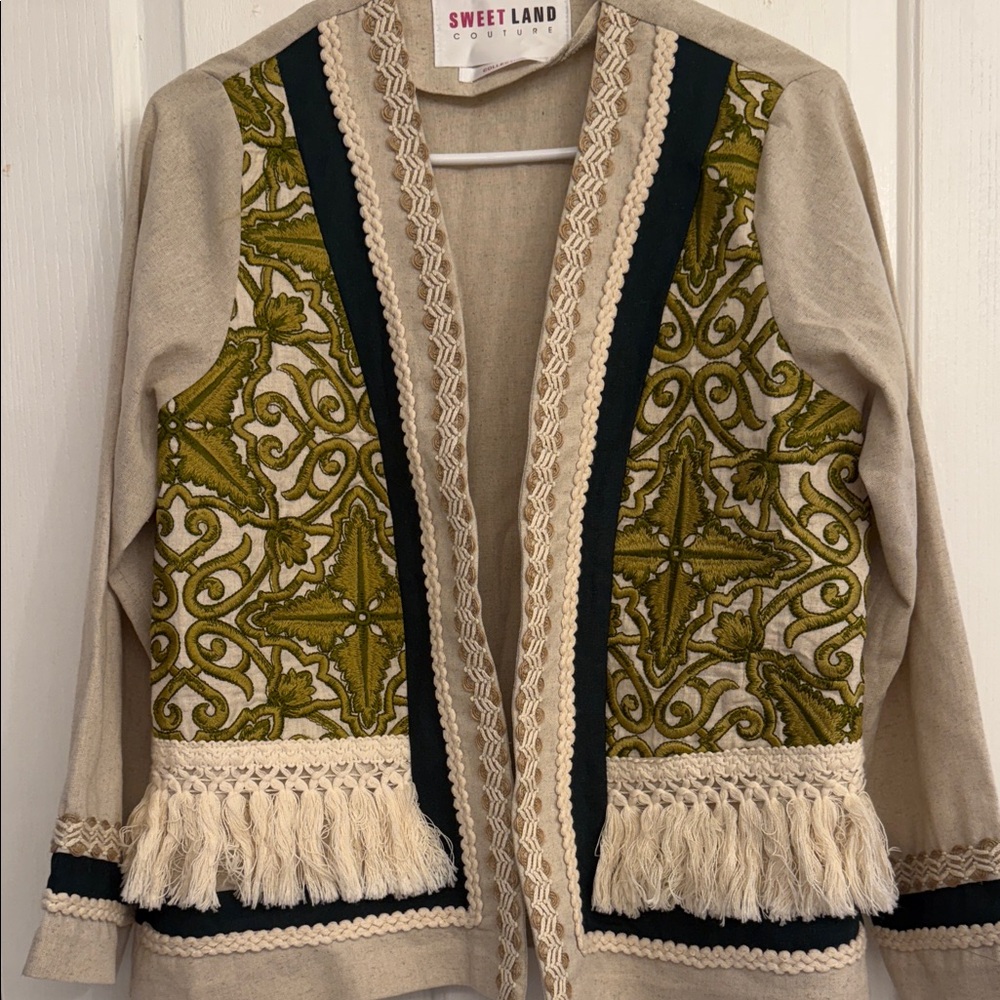 Beige and Green Embroidered Cardigan for lady’s
